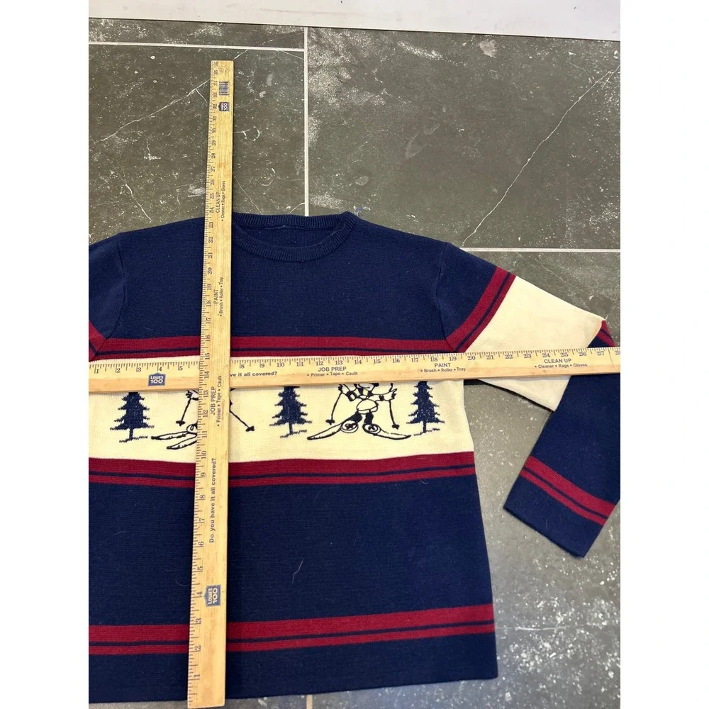 Disney Mickey Mouse Skiing Sweater Mens Navy Blue Red Striped Crewneck Knit